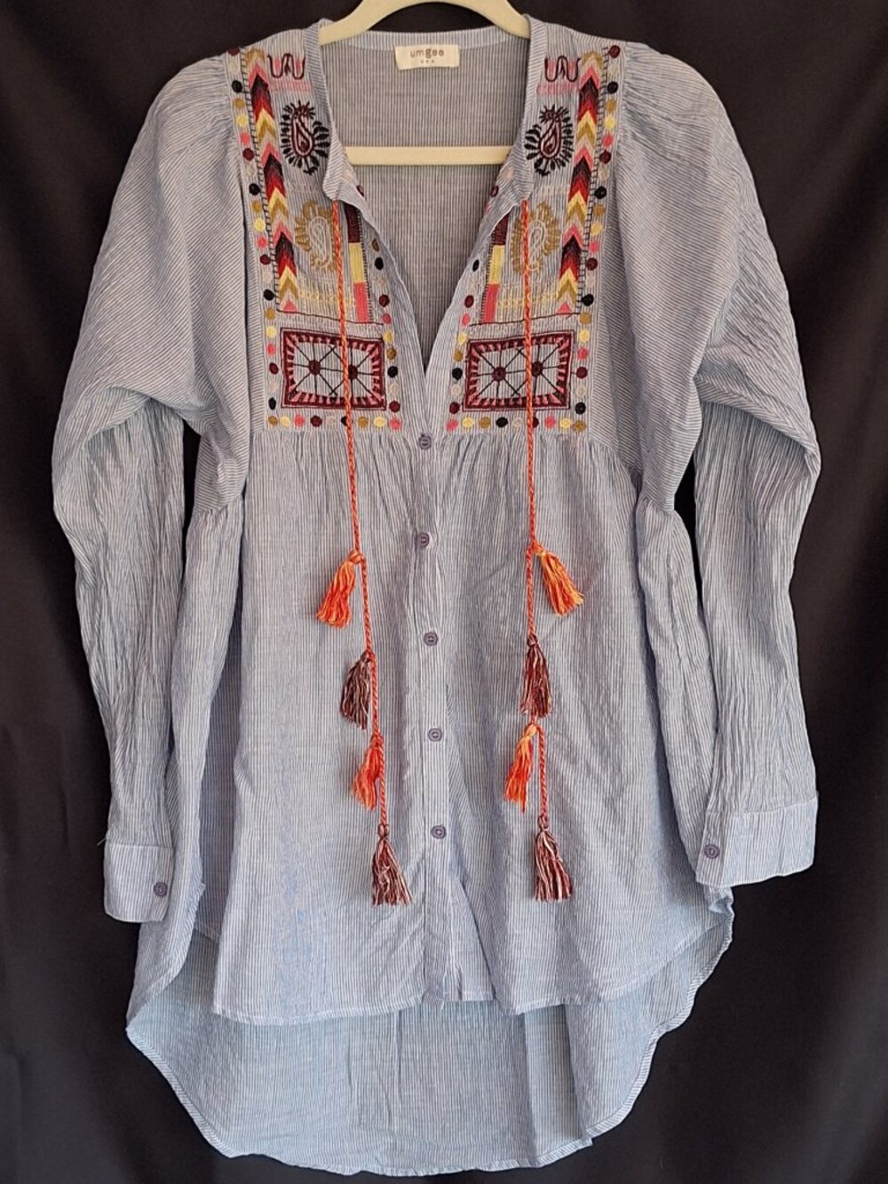 Umgee M Striped Embroidered Tassel Tunic Blouse Boho Peasant Top